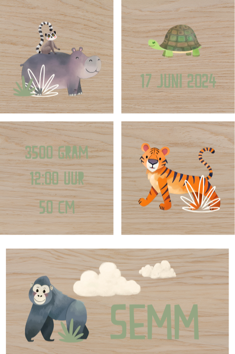 Houten blokken met jungledieren en geboortegegevens