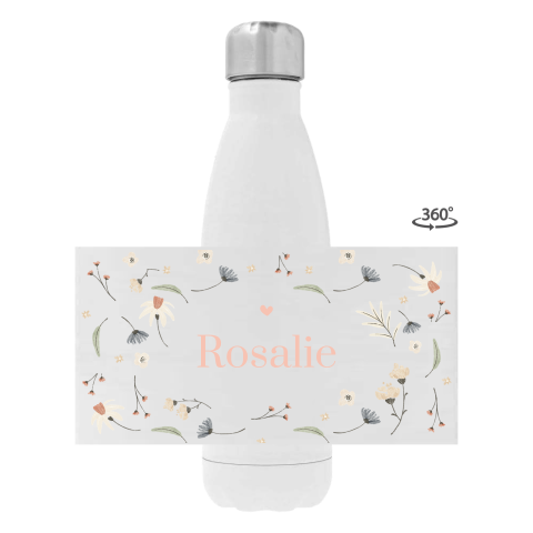 Drinkfles RVS met kleurrijke veldbloemen en naam
