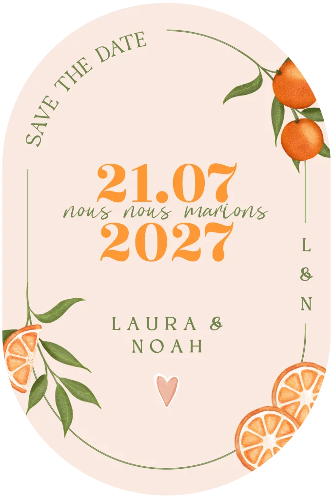 Save the date tendance fond rose pâle avec oranges