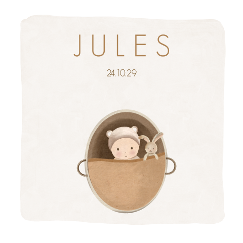 Faire-part de naissance doux avec bébé et doudou dans un panier