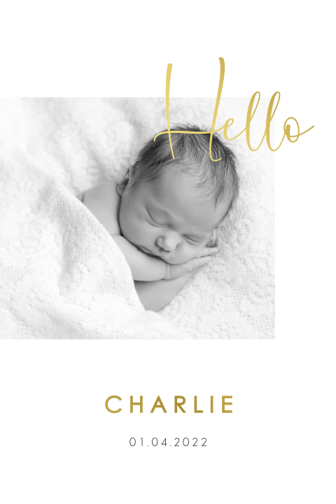 Faire-part de naissance avec photo et Hello en dorure