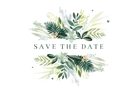 Save the date avec des feuilles et fleurs vertes