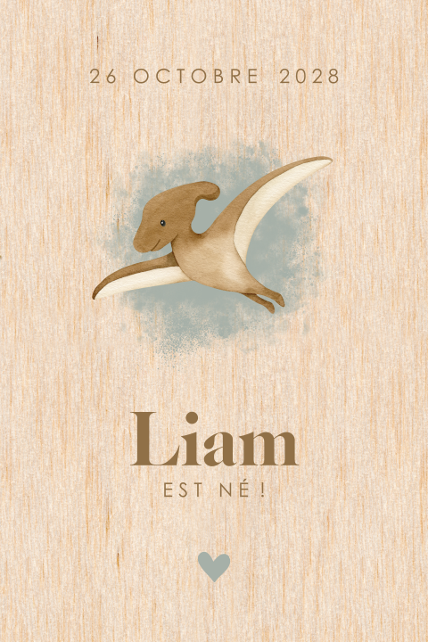 Faire-part de naissance sur bois avec petit dino et aquarelle bleue