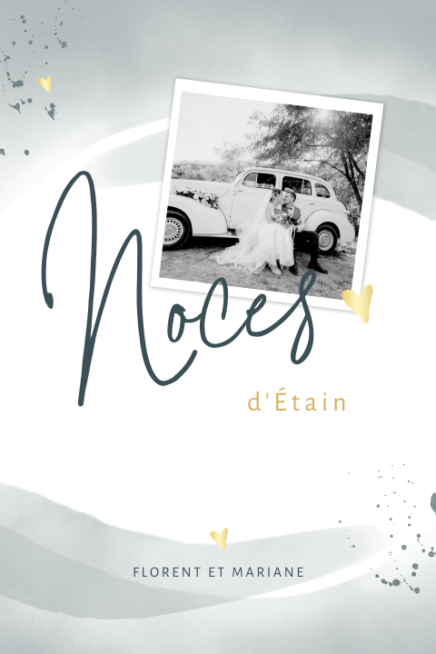 Invitation noces d'étain avec polaroid, cœurs dorés et aquarelle