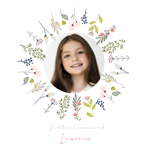 Faire-part de communion avec photo et couronne de fleurs colorées