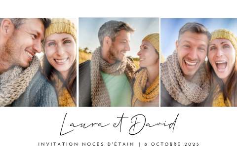 Invitation en noir et blanc pour des noces d'étain avec trois photos