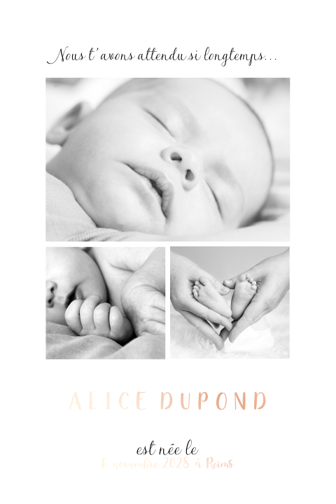 Faire-part de naissance avec photos, dorure rosée, à créer