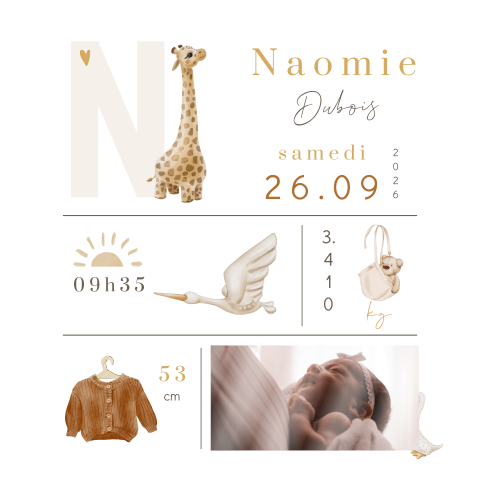 Faire-part de naissance avec girafe, photo dans des tons sables