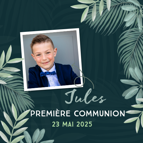 Faire-part de communion avec photo et branches sur fond vert foncé