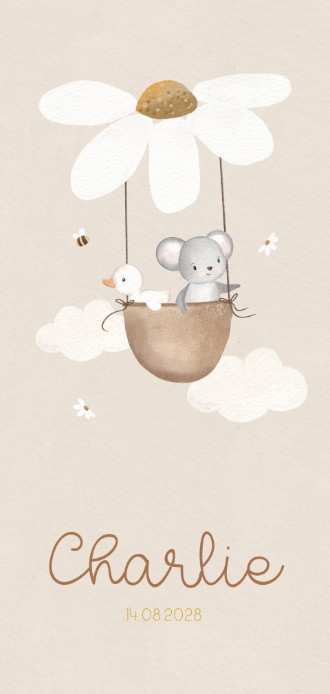 Faire-part de naissance avec montgolfière à fleurs et des animaux