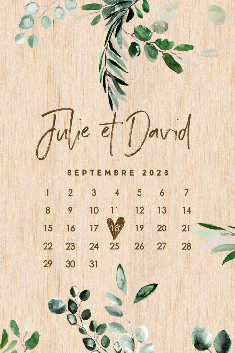 Faire-part de mariage en bois avec feuilles d'eucalyptus et calendrier