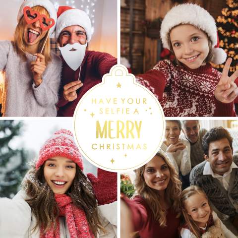 Carte de Noël originale avec collage de photos et boule de Noël