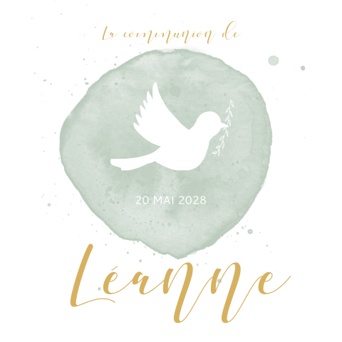 Faire-part de communion avec colombe blanche et aquarelle verte