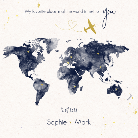 Faire-part de mariage carré avec carte du monde bleue