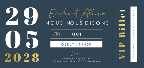 Faire-part de mariage en bleu et or, billet VIP