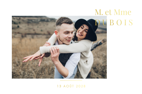 Faire-part de mariage minimaliste avec des dorures et une photo