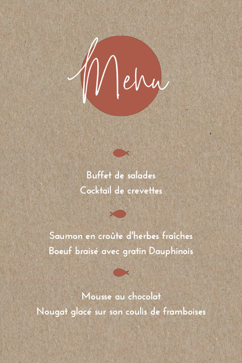 Carte de menu pour le baptême sur du papier kraft avec des poissons