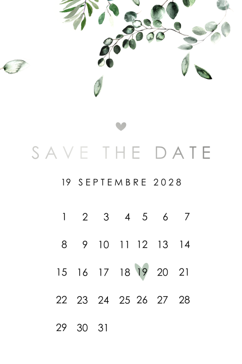 Save the date avec des feuilles d'eucalyptus et des coins arrondis