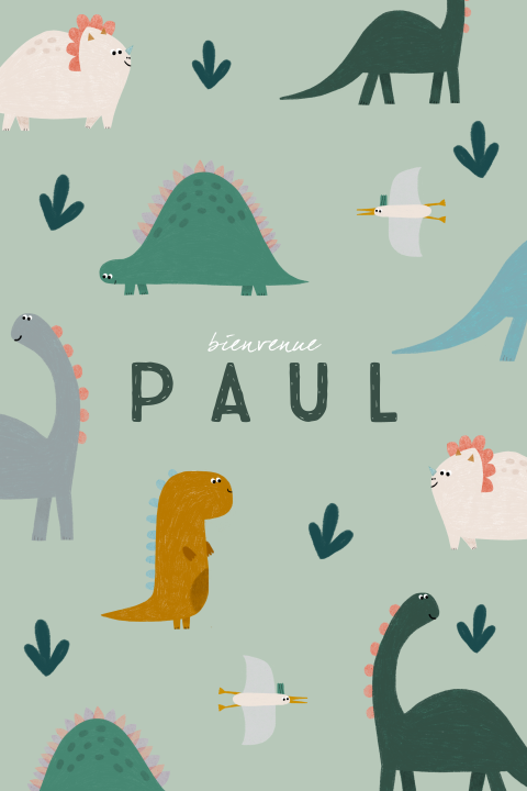 Faire-part de naissance avec photo, dinosaures et fond vert