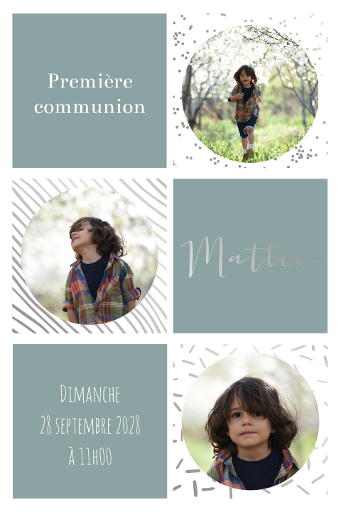 Faire-part de communion avec photos et dorure argentée