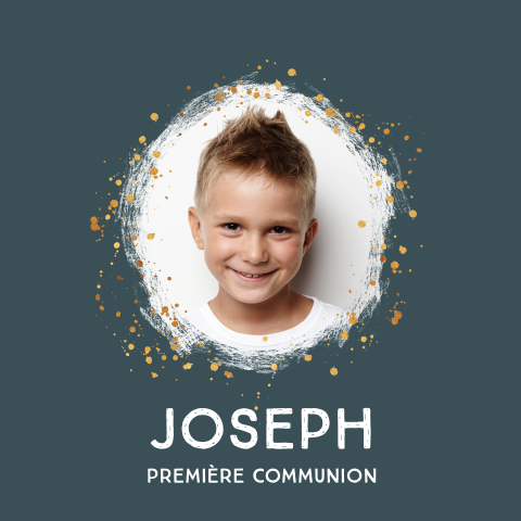 Faire-part de communion avec photo et couronne d'éclaboussures d'or
