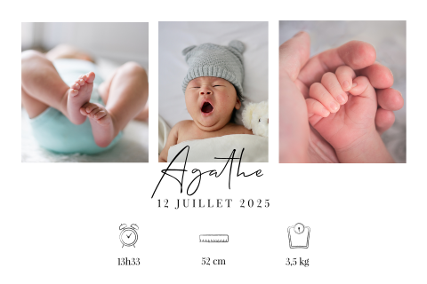 Faire-part de naissance moderne avec trois photos
