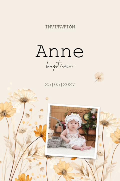 Faire-part de baptême avec fleurs jaunes et orange, et photo