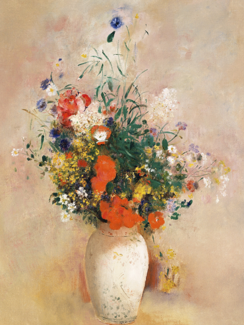 Affichez un vase de fleurs avec un arrière-plan rose Odilon Redon