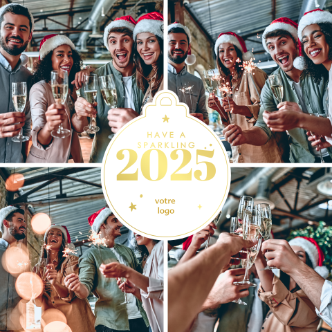 Carte de vœux professionnelle avec des photos et une boule de Noël