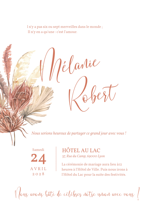 Faire-part de mariage avec des fleurs séchées roses
