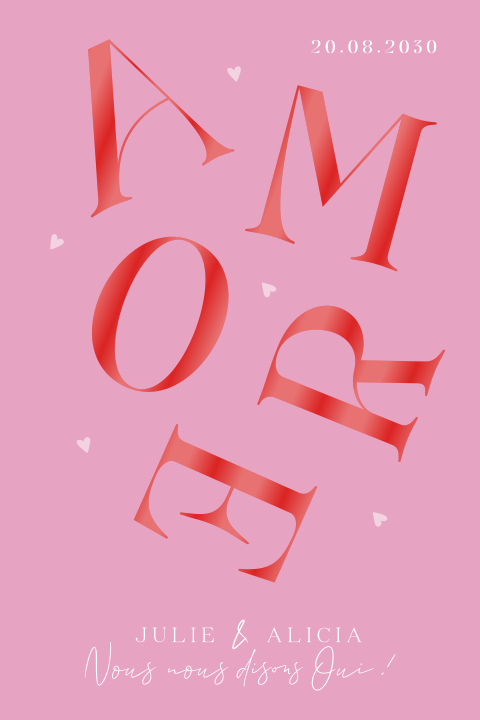 Faire-part mariage color blocking fond rose et coeurs