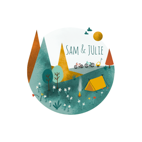 Faire-part de naissance avec montagnes et tente pour des jumeaux