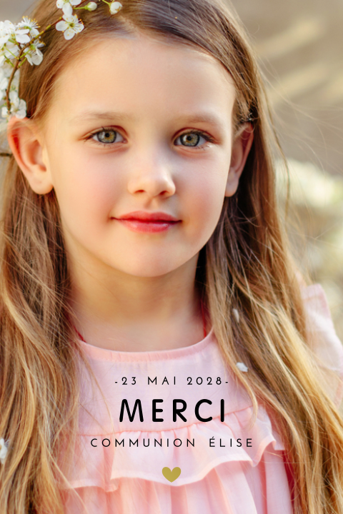Carte remerciement communion avec photo, coeur, coins arrondis