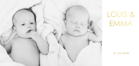 Faire-part de naissance jumeaux avec photo et noms en dorure