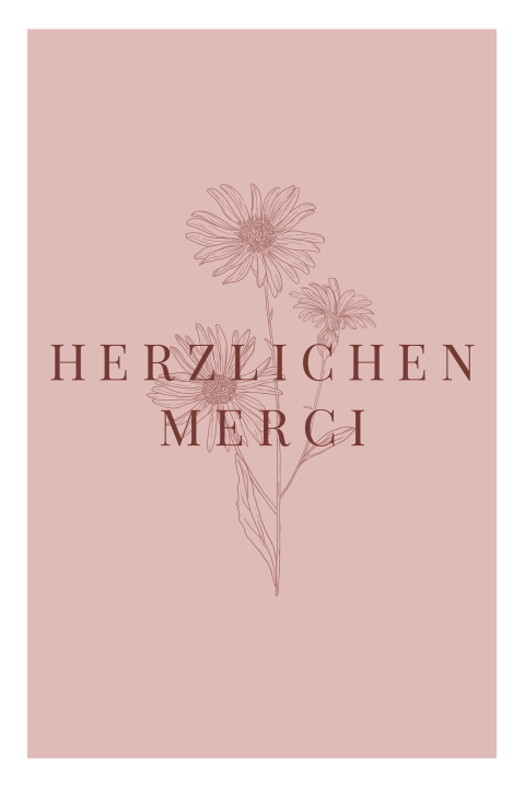 Belle carte de remerciement de deuil en vieux rose avec illustration de fleurs