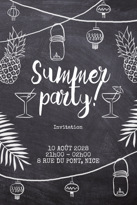 Carte d'invitation à un garden party avec un fond de tableau noir