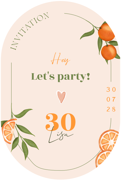 Carte d'invitation originale et colorée avec des oranges