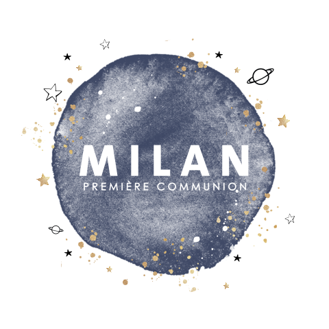 Faire-part de communion bleu avec lune, étoiles et planètes