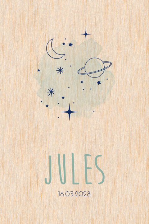 Faire-part de naissance sur bois avec thème galaxie