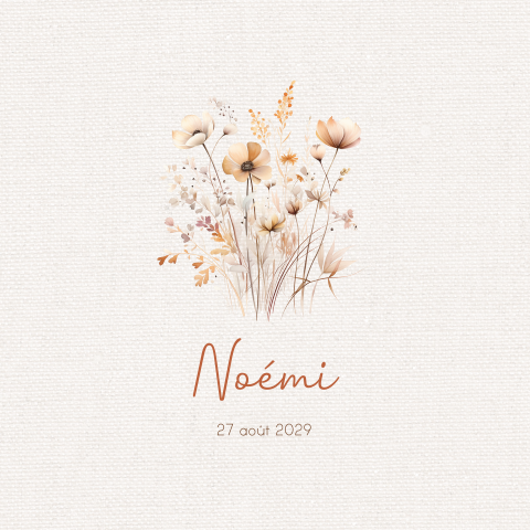 Faire-part de naissance avec fleurs sur fond d'aspect lin