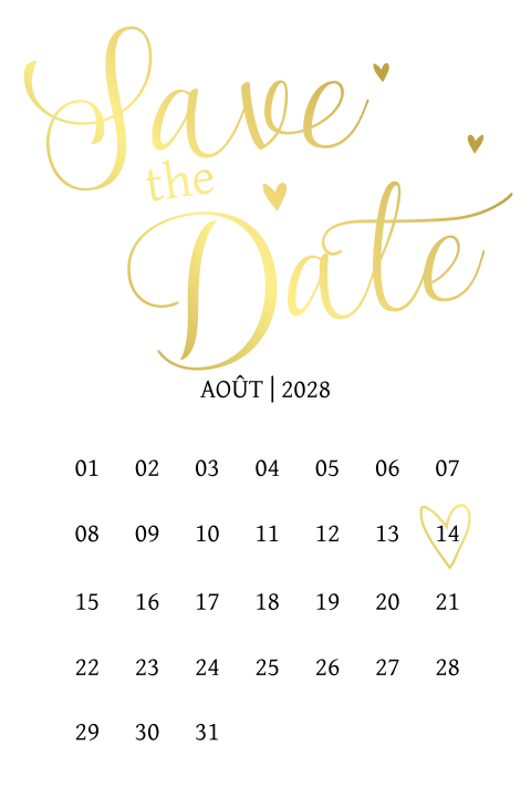 Save the date élégante avec calendrier et cœurs en dorure