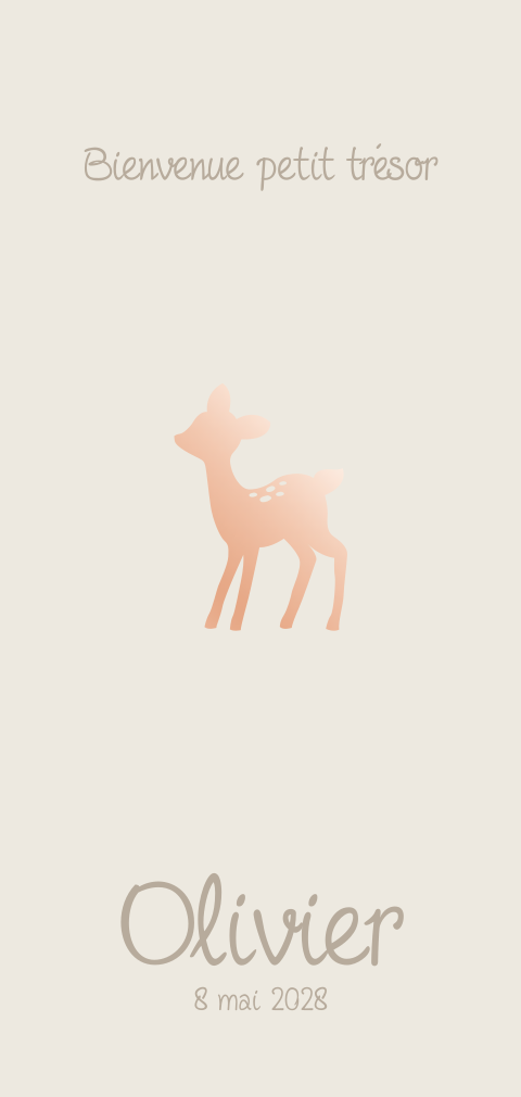Faire-part de naissance avec image, fond beige et dorure rosée à créer