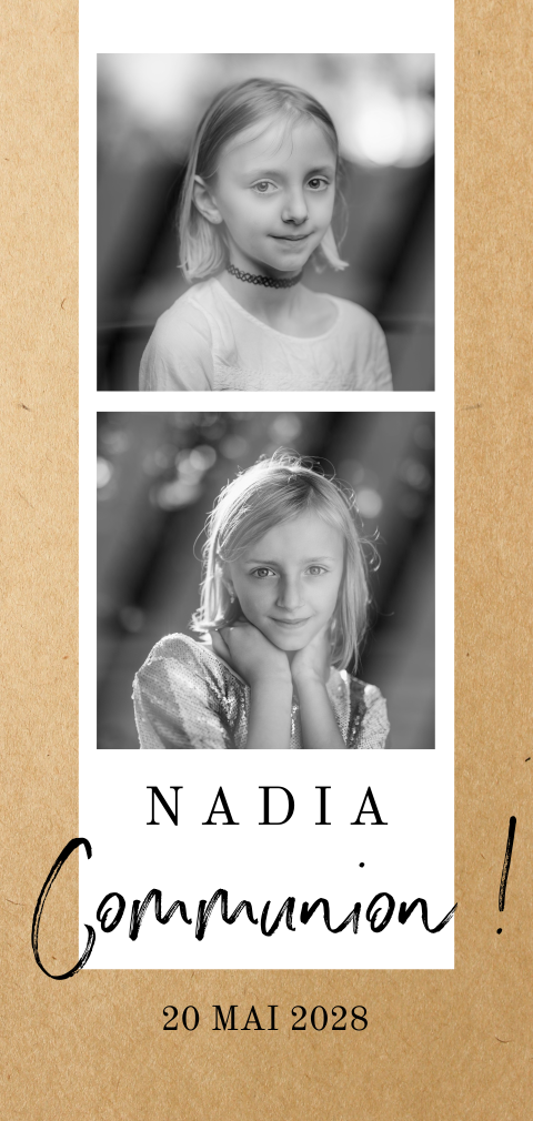 Faire-part de communion avec bande photo sur fond d'aspect kraft