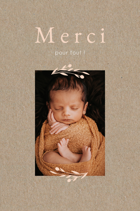 Carte de remerciement en aspect kraft avec photo et branchage