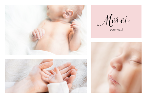 Jolie carte de remerciement avec trois photos et couleur rose