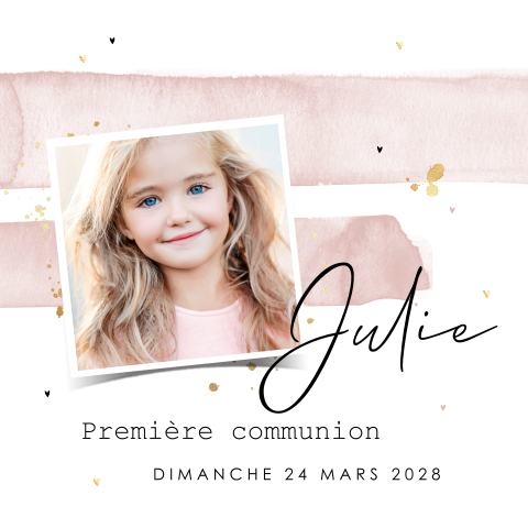 Faire-part de communion avec photo et aquarelle rose