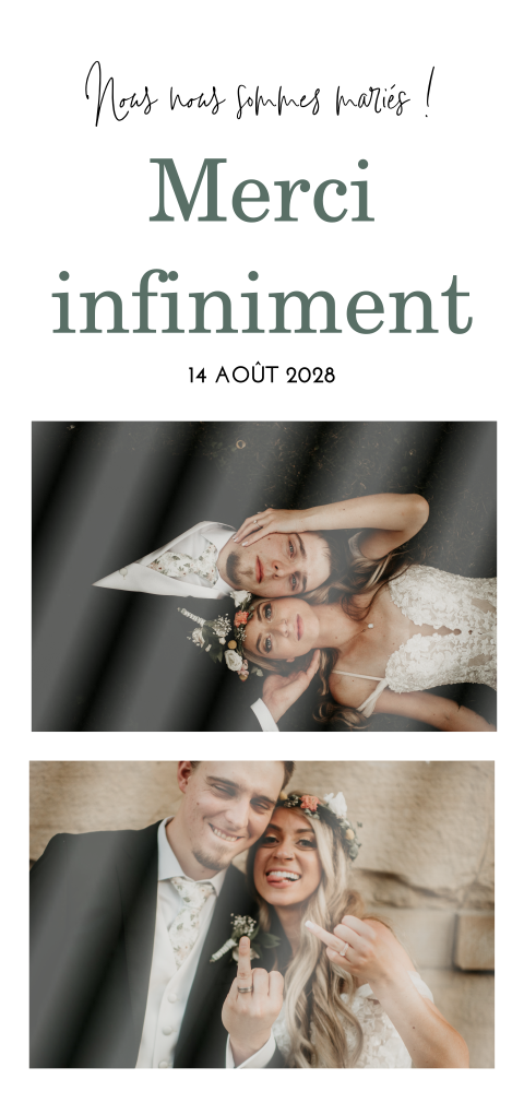Carte de remerciement avec photos et fond vert-gris