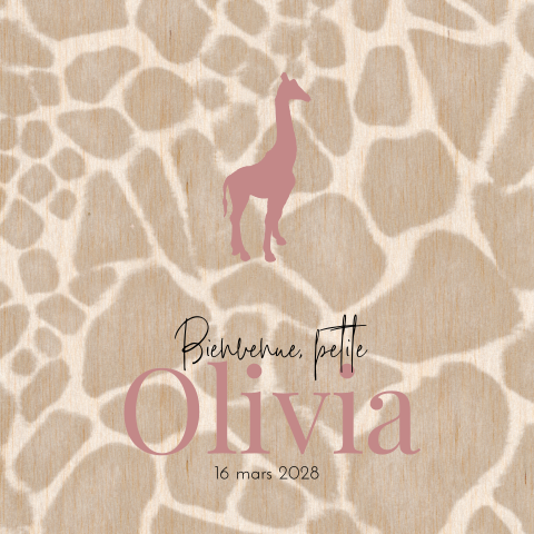 Faire-part de naissance sur bois avec motif et silhouette de girafe