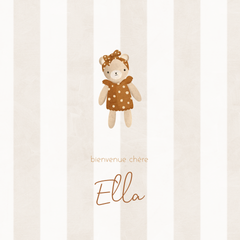Faire-part de naissance avec un petit ours en robe et rayures