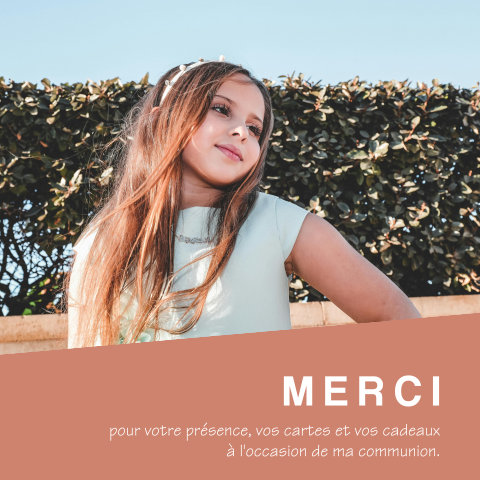 Carte remerciement communion avec photo sur fond orangé